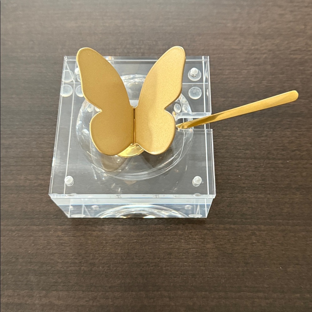 Gold Butterfly lucite box with spoon